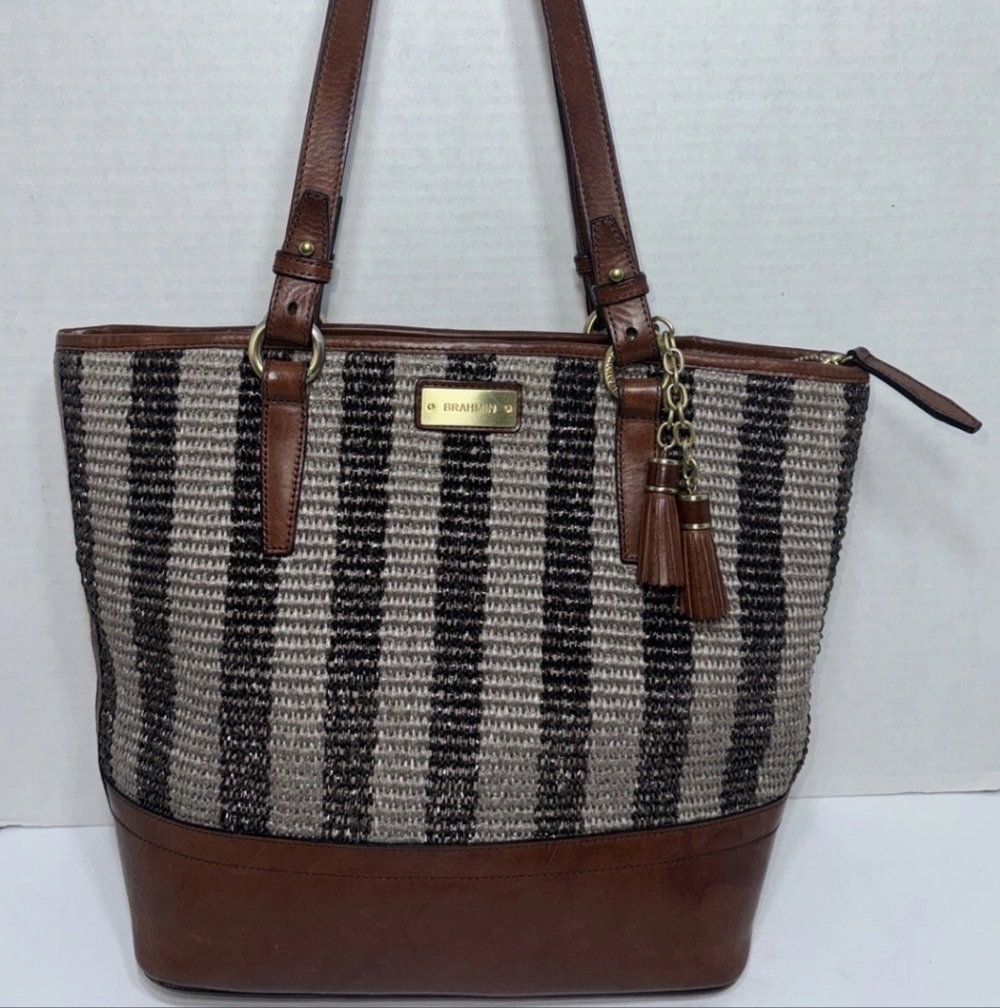 🍂BRAHMIN ASHER LEATHER & STRAW SHOULDER BAG EUC GREAT FOR SPRING - Picture 12 of 16